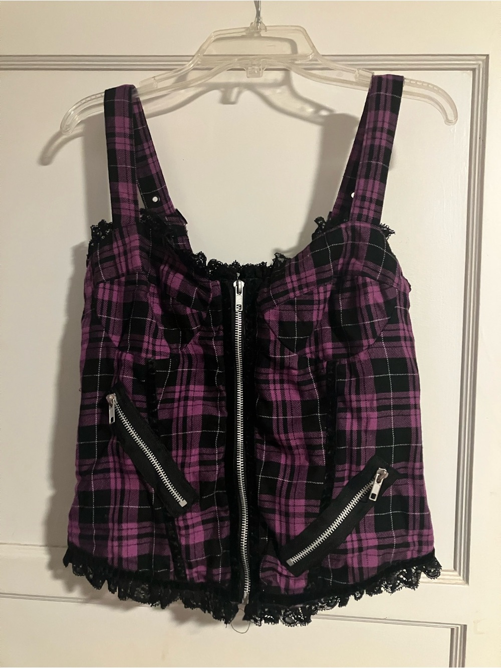 Spin Doctor Purple Plaid Lace-Trim Camisole Top, Goth, Punk, Emo, Deadstock